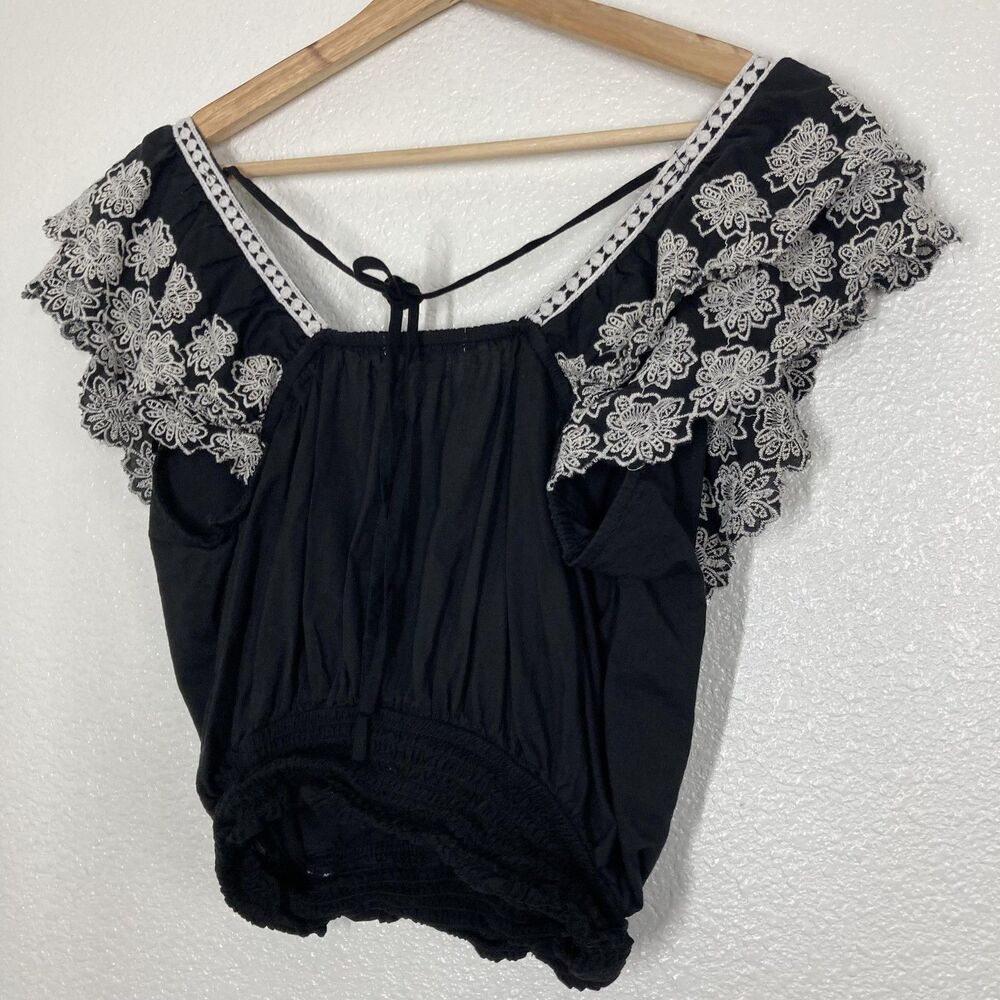 Monograph Anthropologie Blouse XL Black Embroidered Floral Ruffle Crop Top Boho - Picture 11 of 15